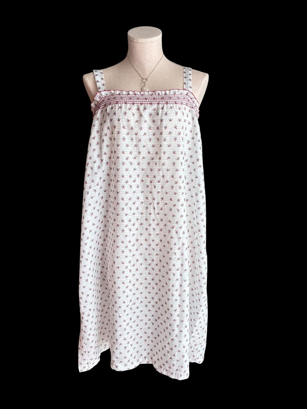 Vintage 1970s Nightgown, Red White Floral Smocked Cotton Blend Chemise, Medium